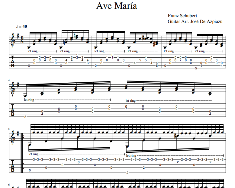 Franz Schubert - Ave María sheet music for guitat tab